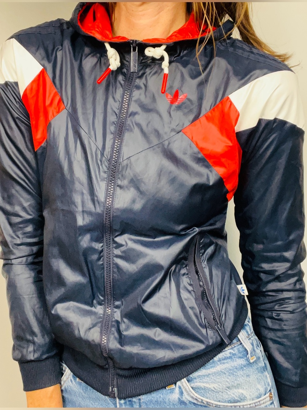 Adidas Originals Colorblock Hooded Windbreaker Jacket – Navy Blue Red White – XS